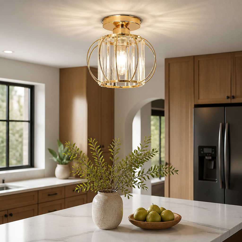 Mini Crystal Semi Flush Mount Ceiling Light - Compact E27 Fitting in Black or Gold, Sold Singly or in Twos, for Entryway and Cloakroom