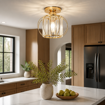 Mini Crystal Semi Flush Mount Ceiling Light - Compact E27 Fitting in Black or Gold, Sold Singly or in Twos, for Entryway and Cloakroom