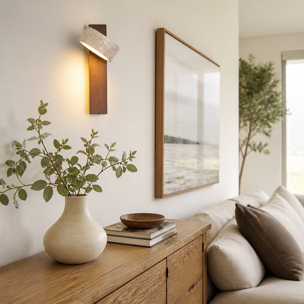 Japanese Wabi-Sabi Wall Lamp - Travertine and Wood Sconce in Walnut or Log Finish with 3000K, 4000K or 6000K LED and Pull Switch