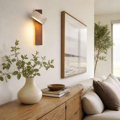 Japanese Wabi-Sabi Wall Lamp - Travertine and Wood Sconce in Walnut or Log Finish with 3000K, 4000K or 6000K LED and Pull Switch