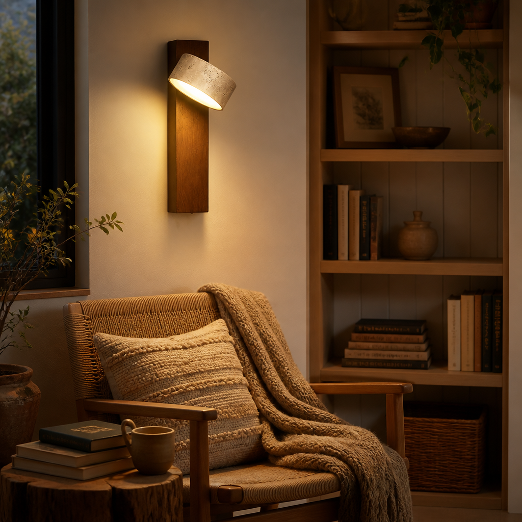 Japanese Wabi-Sabi Wall Lamp - Travertine and Wood Sconce in Walnut or Log Finish with 3000K, 4000K or 6000K LED and Pull Switch