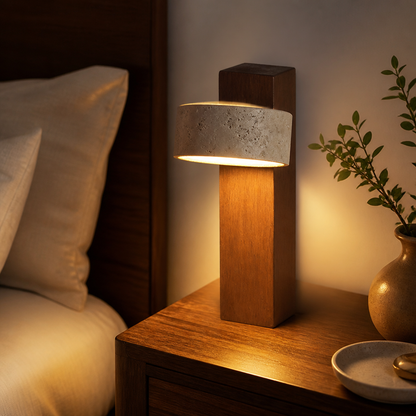 Japanese Wabi-Sabi Wall Lamp - Travertine and Wood Sconce in Walnut or Log Finish with 3000K, 4000K or 6000K LED and Pull Switch