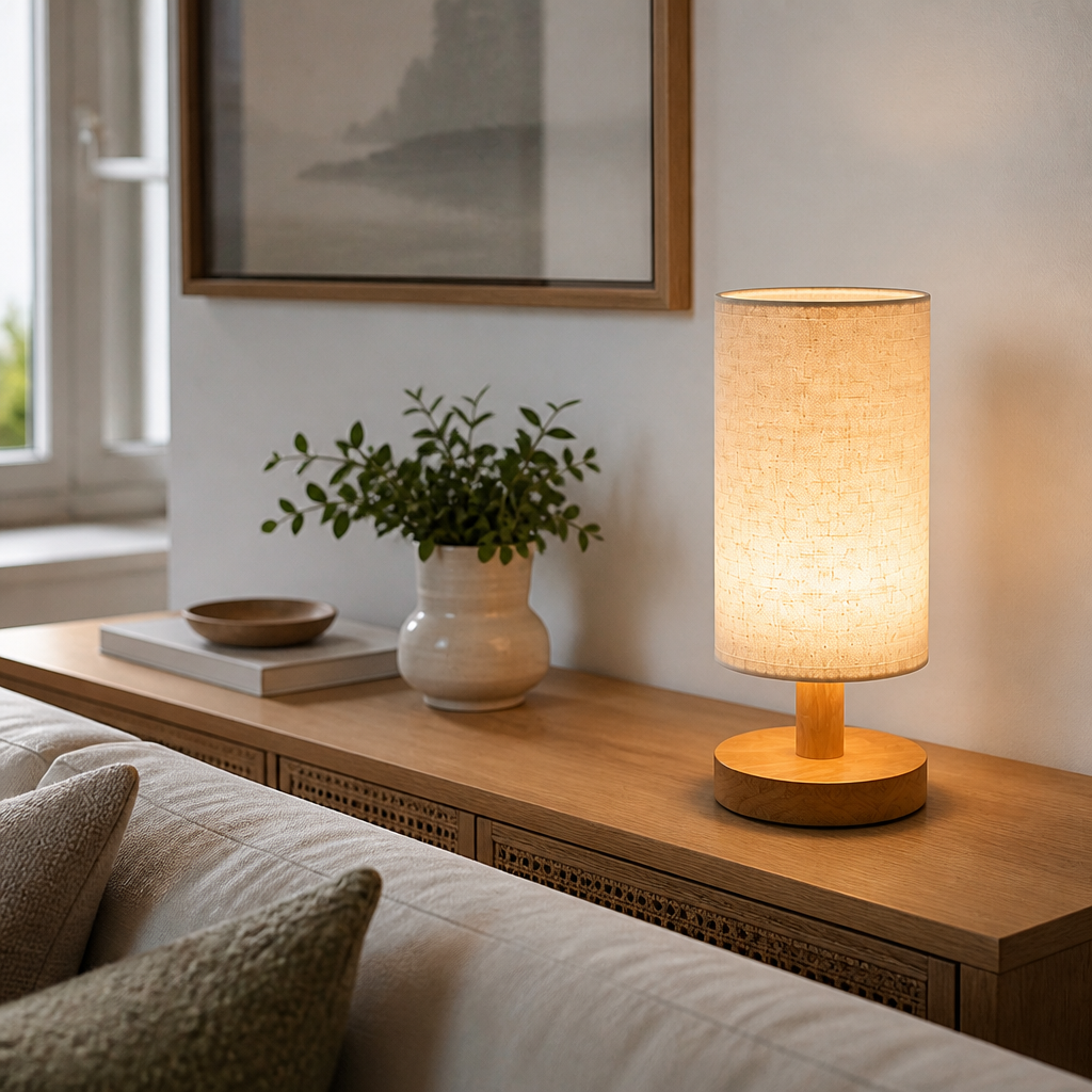 Wooden Bedside Lamp with Linen Shade - Cylindrical Diffused USB LED Light on a Solid Timber Base for Bedroom, Home Office and Living Room