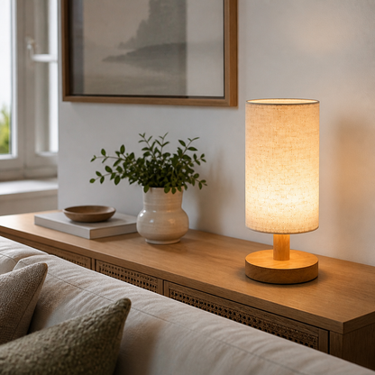 Wooden Bedside Lamp with Linen Shade - Cylindrical Diffused USB LED Light on a Solid Timber Base for Bedroom, Home Office and Living Room