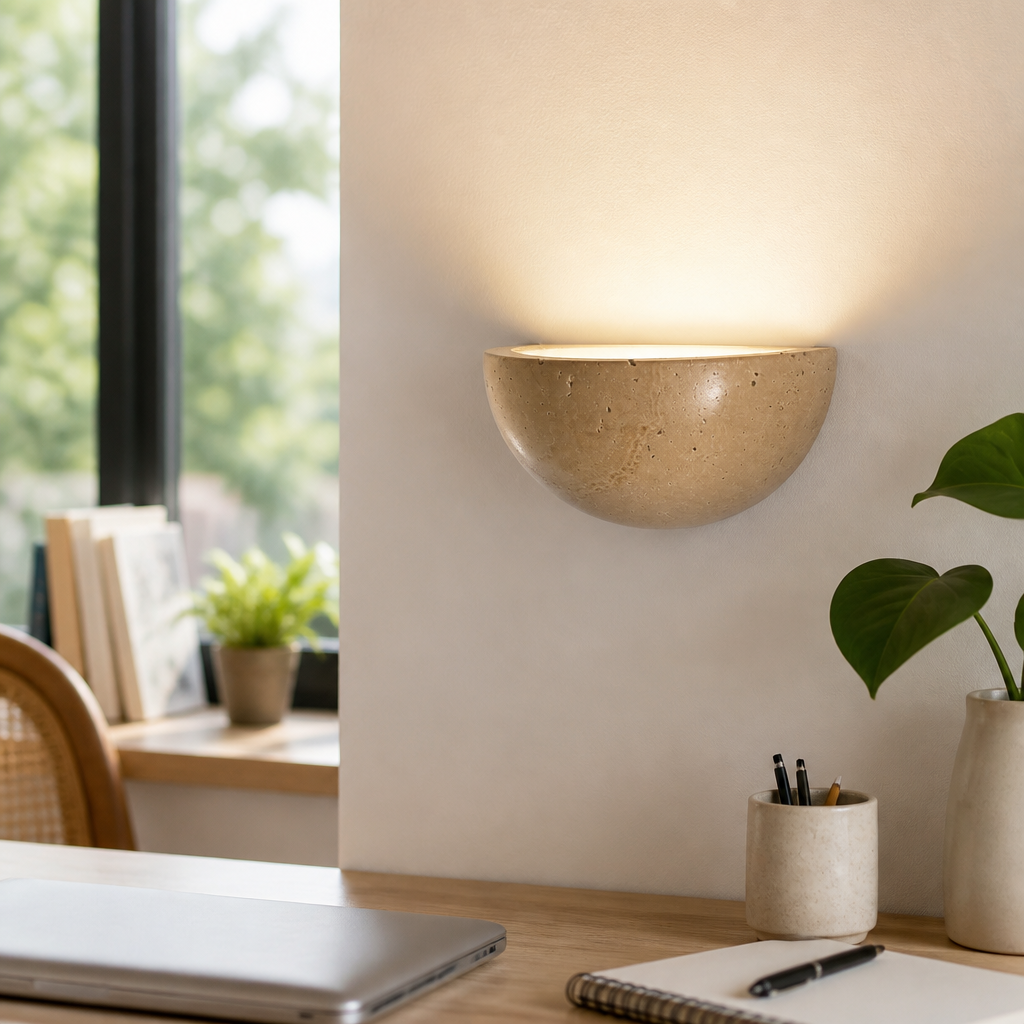 Retro Circular Wall Lamp - Yellow Travertine Stone Sconce Measuring 15cm Across and 7cm Deep with Warm White 2700 to 3500K LED