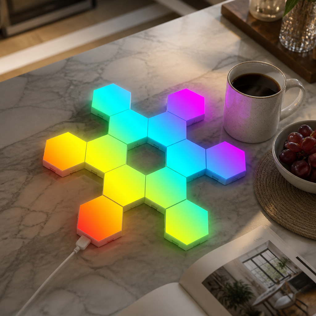 RGB Bluetooth Hexagon Wall Light - Eight or Twelve Panel USB Powered Set with App and Remote Scenes for Gaming Wall and Studio