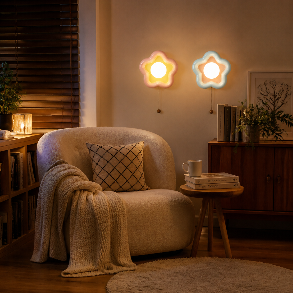 Petal Ceramic Wall Light - Blue or Pink Sconce with Warm or White LED and Three Colour Temperature Option for Hallway and Stairway