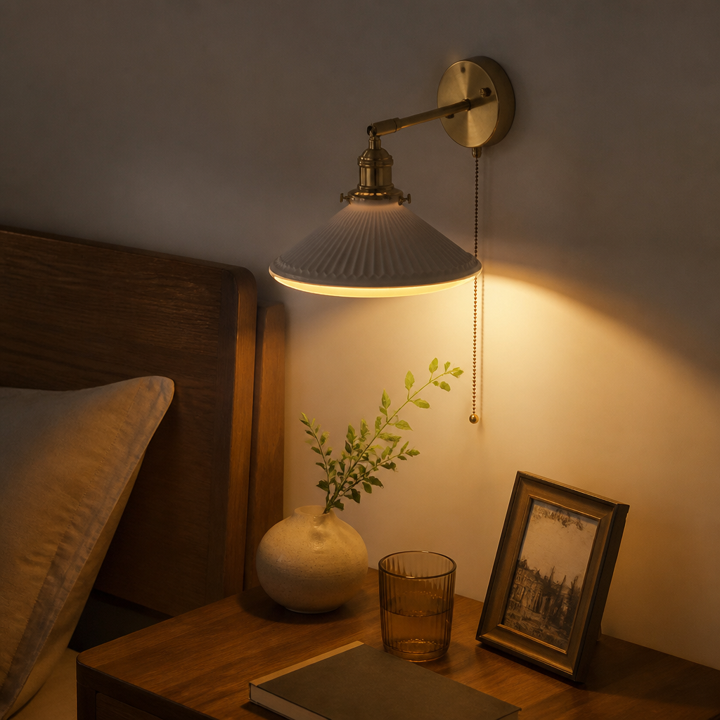 Japanese Nordic Wall Lamp - Ceramic and Brass Sconce in Five Shade Designs for Hallway, Above a Headboard and Staircase Lighting