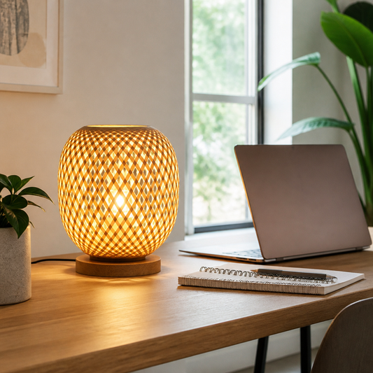 Hand Woven Bamboo Rattan Bohemian Table Lamp - Vine Weave Shade Casting Light Up and Down, with EU, UK and US Plugs for Reading Corners