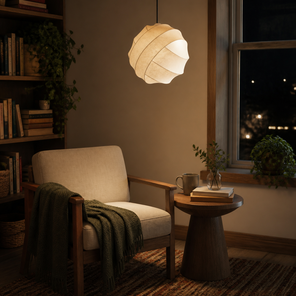 Japanese Wabi-Sabi Pendant Lamp - Silk Shade in 40cm, 50cm or 60cm Widths with Warm, Neutral or White Light for Dining Table and Kitchen