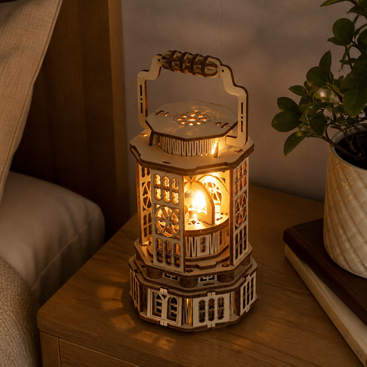 Vintage Wooden Lantern - Wooden Framed LED Lantern with Warm Glare-Free Glow and Gift Box for Shelf Styling, Bedside and Quiet Corners