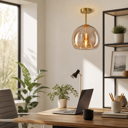 Modern Cognac Glass Ceiling Lamp - Hot Bent Amber Tinted Shade on Black Metal Frame with E27 Fitting for Dining Room and Hallway