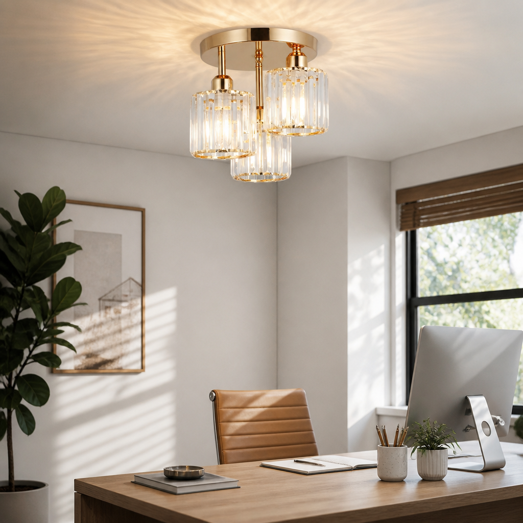 3 Light Gold Crystal Close to Ceiling Fitting - Forged Iron Frame with Cut Glass Shades Sized for Small Bathroom, Kitchen and Bedside Nook