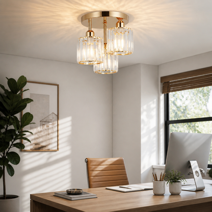 3 Light Gold Crystal Close to Ceiling Fitting - Forged Iron Frame with Cut Glass Shades Sized for Small Bathroom, Kitchen and Bedside Nook