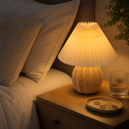 Retro Rattan Ball Lamp with Pleated Fabric Shade - Compact 18 by 22cm USB Light Offered with Switch, Dimming or Remote Timer Control