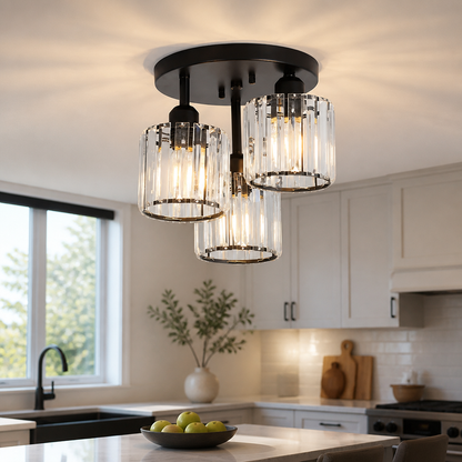 3 Light Crystal Glass Semi Flush Ceiling Light - 27cm Gold, Silver or Black Cluster with Dimmable E27 LED Bulbs and Remote Control