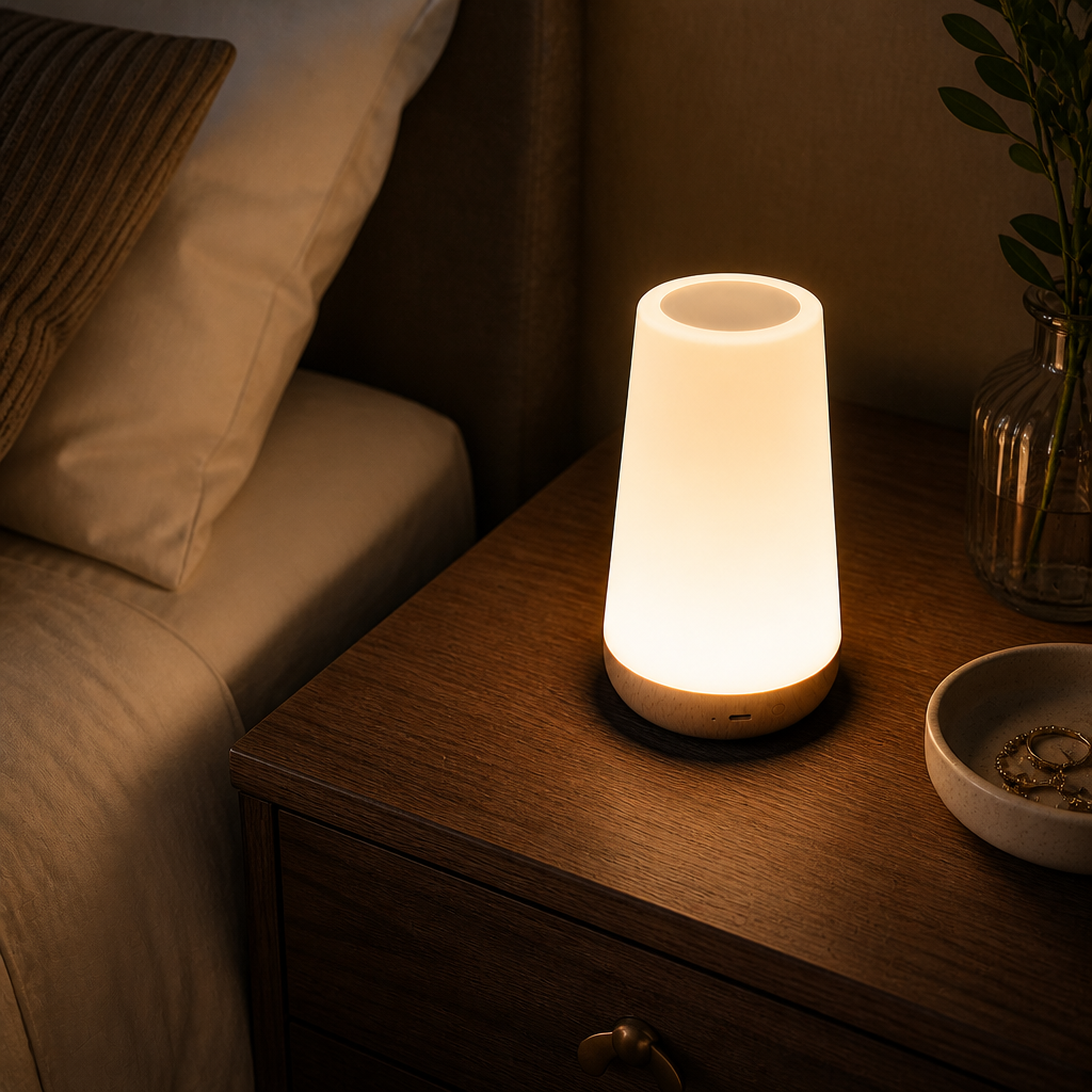 13 Colour RGB Rechargeable Night Light Lamp - Wood Tone or White ABS Unit with Five Brightness Levels, Remote and Settable Auto Shutdown