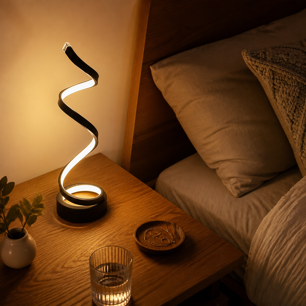 Spiral Dimmable Table Lamp - Black Spiral LED Light with Smooth Dimming from Task-Bright to Low for Bedside, Console and Desk