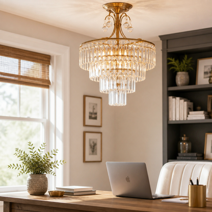 Luxury Gold Crystal Round Semi Flush Ceiling Light - Cut Drops on a Polished Iron Frame with 4 Dimmable E14 Lamps for Bedroom and Hallway