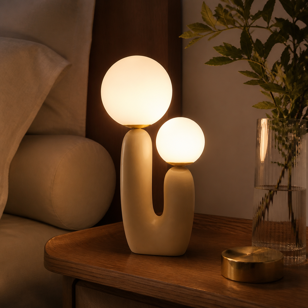 Nordic Art Glass and Resin Table Lamp - Sculpted Resin Base with Removable White, Green or Moon Glass Shade and Included 5W G9 LED Bulb