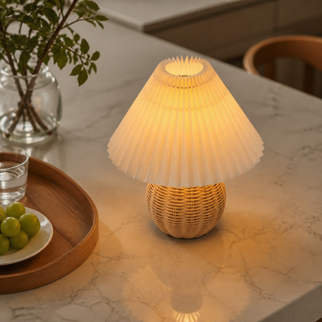 Retro Rattan Ball Lamp with Pleated Fabric Shade - Compact 18 by 22cm USB Light Offered with Switch, Dimming or Remote Timer Control