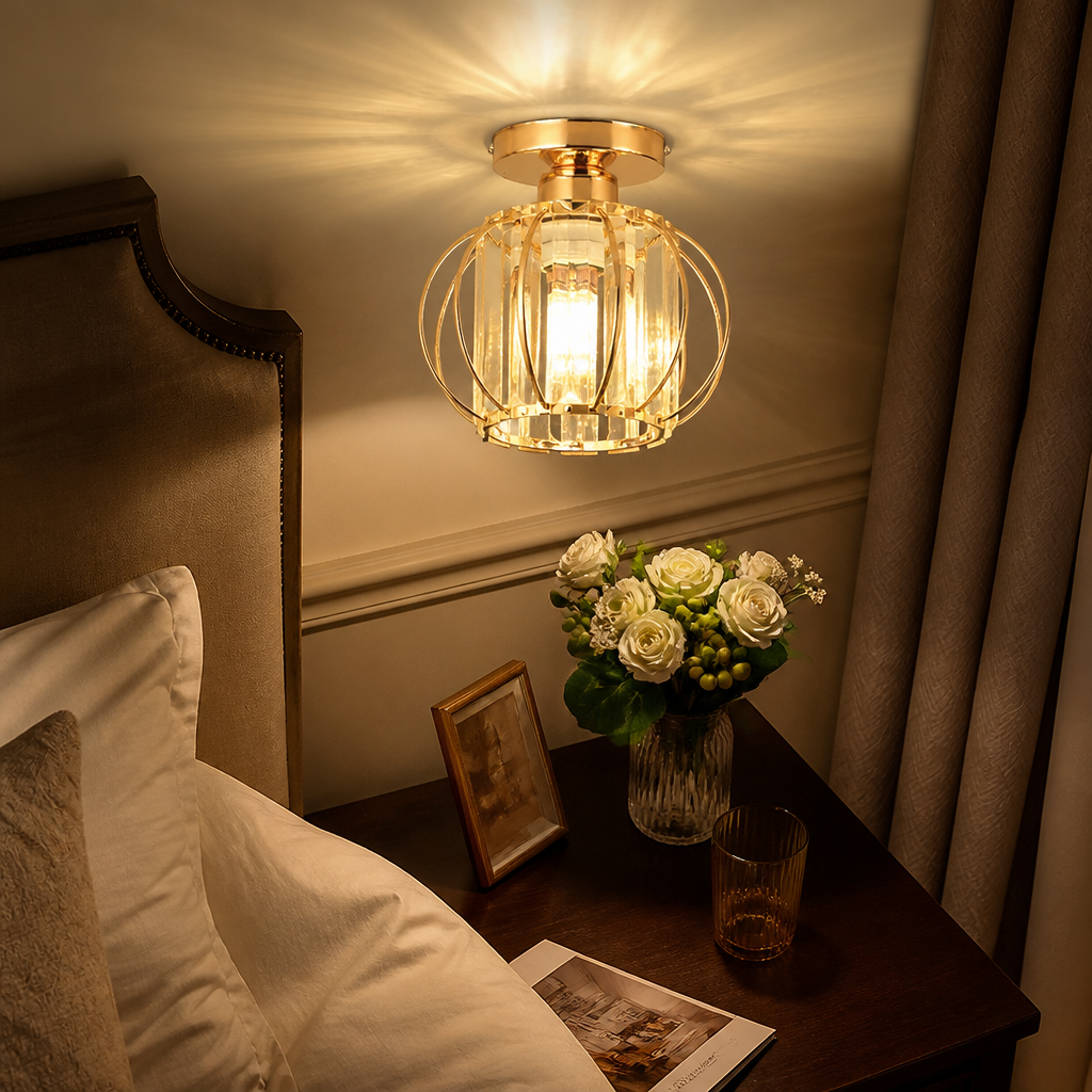 Mini Crystal Semi Flush Mount Ceiling Light - Compact E27 Fitting in Black or Gold, Sold Singly or in Twos, for Entryway and Cloakroom