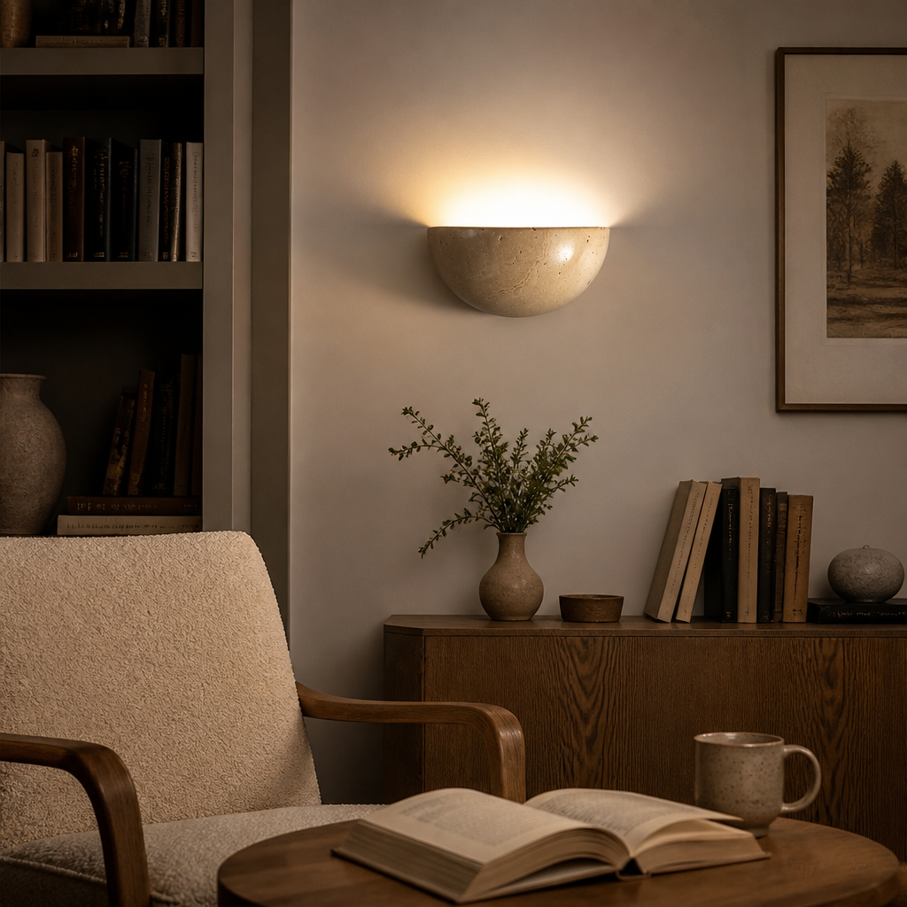 Retro Circular Wall Lamp - Yellow Travertine Stone Sconce Measuring 15cm Across and 7cm Deep with Warm White 2700 to 3500K LED