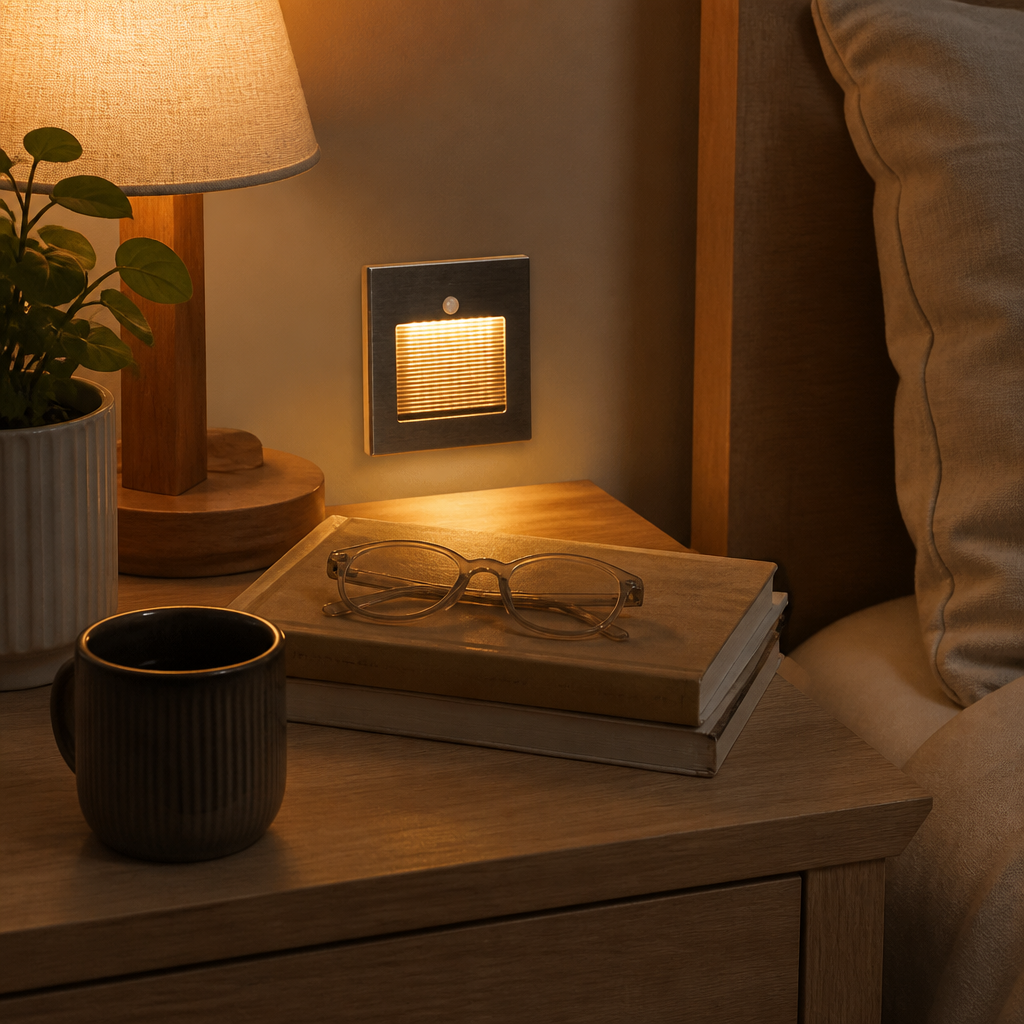 Motion Sensor Stair Light - PIR Infrared Step Fitting in Champagne, Smoky Grey or Silver with Warm or Cool White LED for Landings
