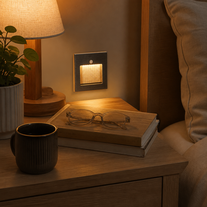 Motion Sensor Stair Light - PIR Infrared Step Fitting in Champagne, Smoky Grey or Silver with Warm or Cool White LED for Landings
