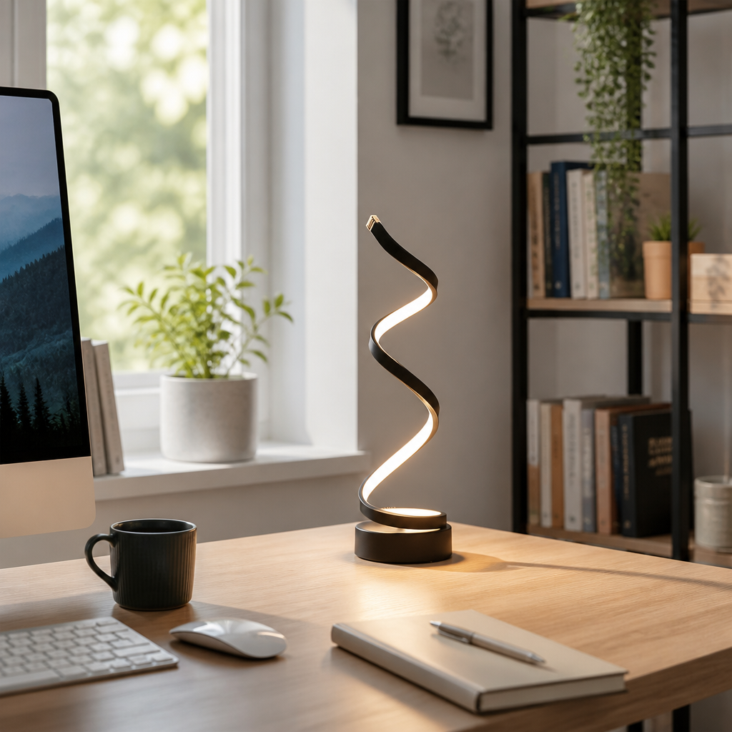 Spiral Dimmable Table Lamp - Black Spiral LED Light with Smooth Dimming from Task-Bright to Low for Bedside, Console and Desk