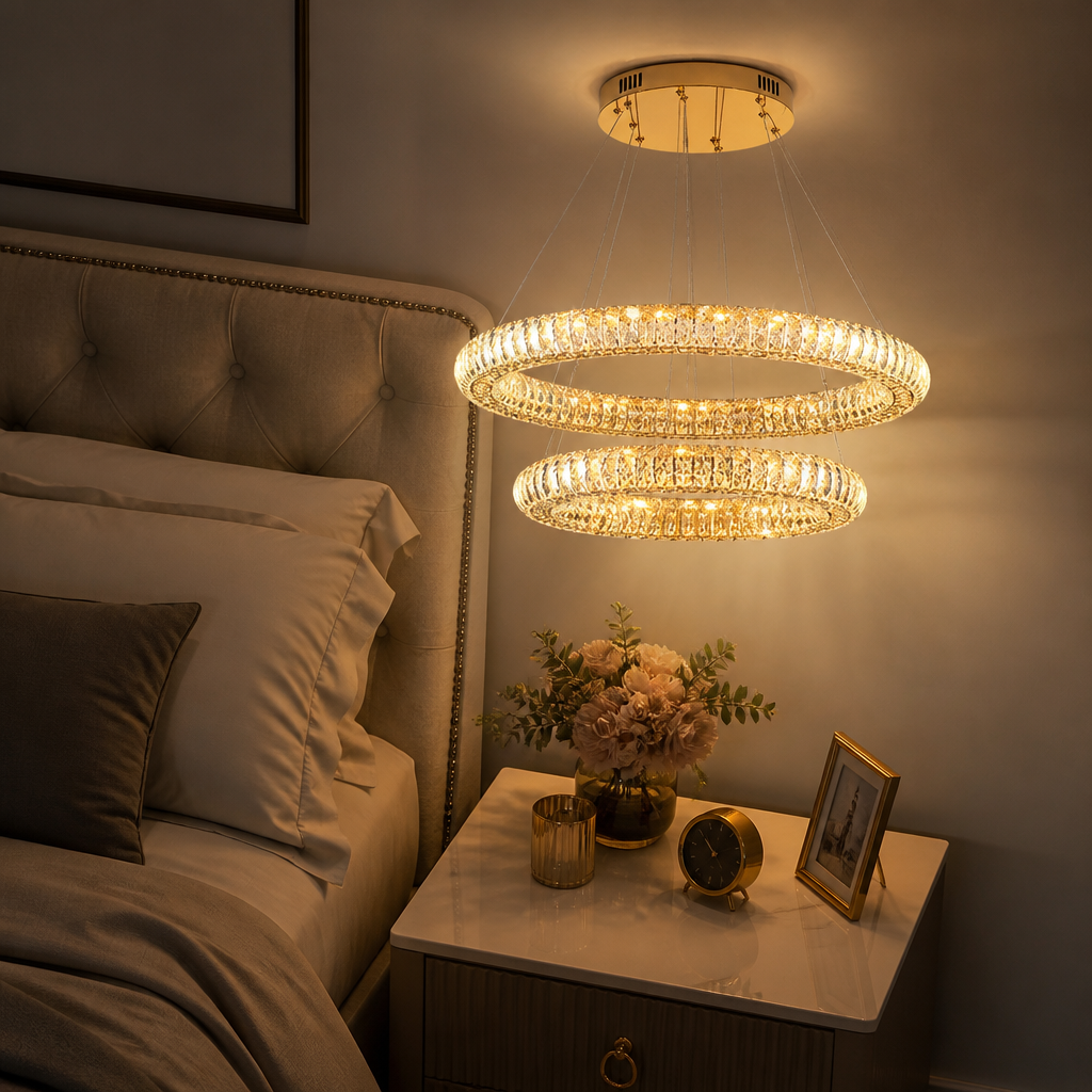 Round Ring Crystal Chandelier - Concentric Stainless Steel Tiers from 50 to 80cm with Suspended Drops, Dimming Remote and Adjustable Cord