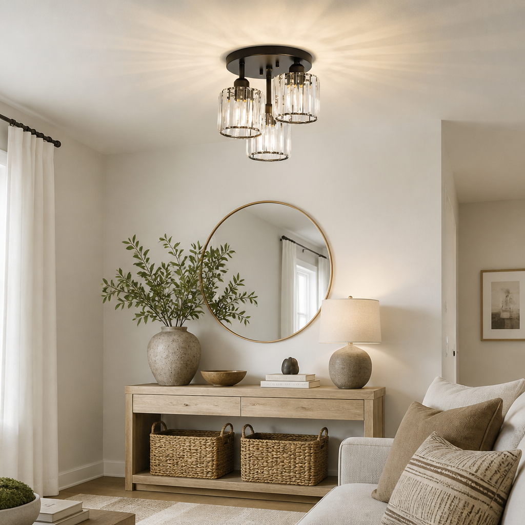 3 Light Crystal Glass Semi Flush Ceiling Light - 27cm Gold, Silver or Black Cluster with Dimmable E27 LED Bulbs and Remote Control