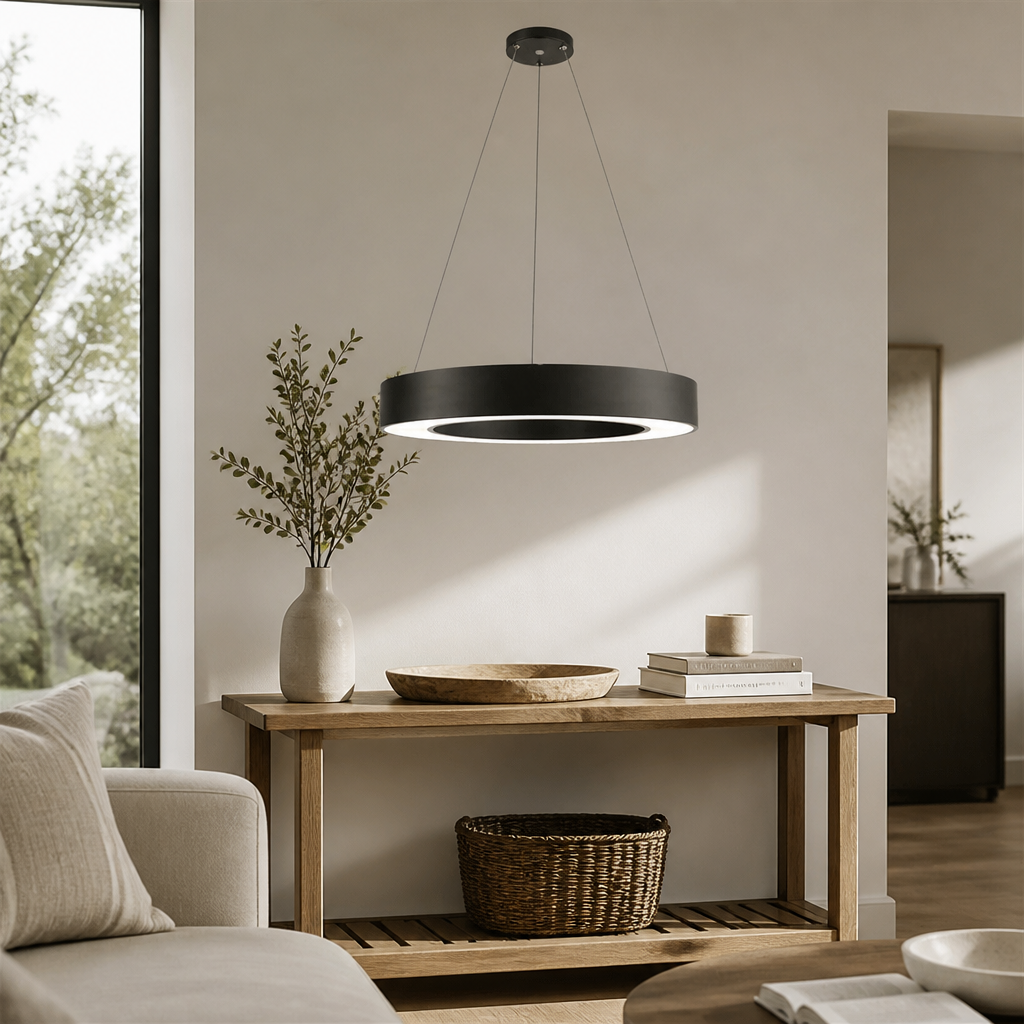 Iron Circle Ring LED Pendant Light - Minimalist Painted Metal Hoop in Black or White from 40 to 80cm with Integrated Warm or Cool Sources