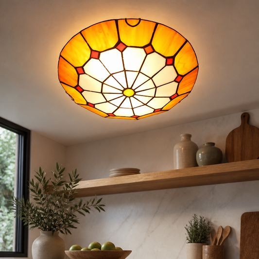 Tiffany Style Colourful Glass Ceiling Light - Hand Drawn Painted Panels in an Iron Frame at 30, 40 or 50cm with E27 Base for Dining Rooms