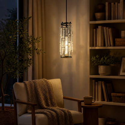 Modern Crystal Pendant Light - Faceted Hanging Lamp in Plated Gold, Silver or Black on Adjustable Cord for Dining Table, Bar and Bedside