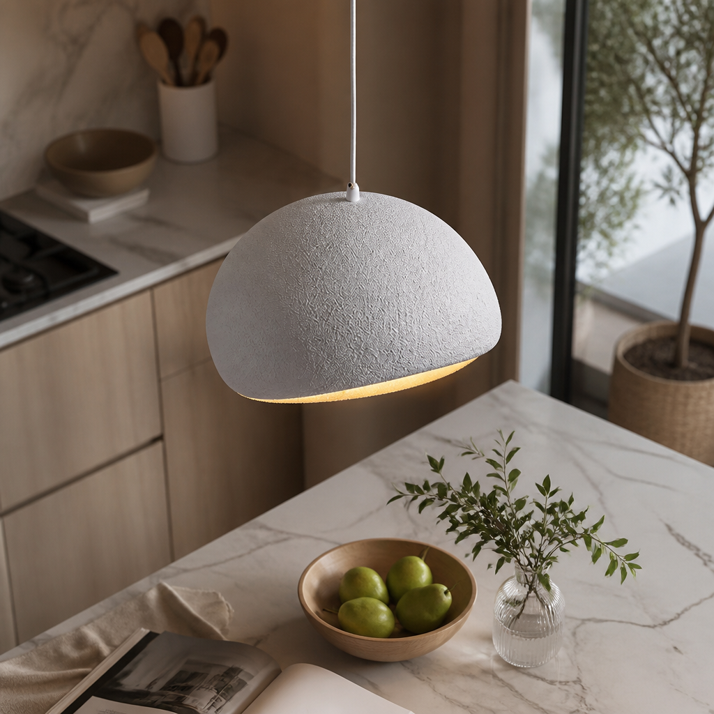 Nordic Wabi-Sabi Chandelier - Stone and Wood Shade from 30cm to 60cm in White or Grey with Warm or Tricolour Light for Dining and Entryway