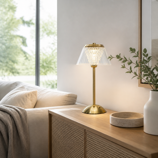 Crystal Atmosphere Lamp - Cordless Cut Glass Shade in Eight Styles on a Retro Metal Base with Touch Dimming for Bedside, Bar and Restaurant