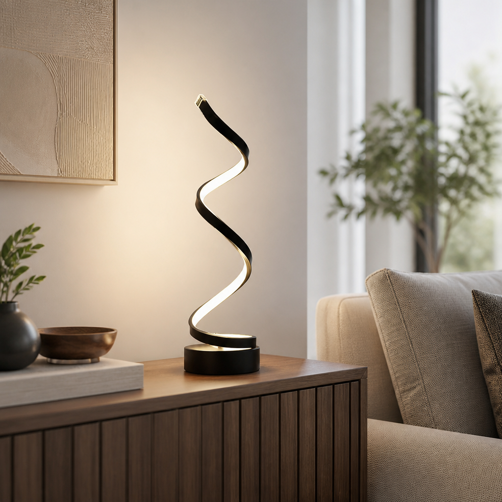 Spiral Dimmable Table Lamp - Black Spiral LED Light with Smooth Dimming from Task-Bright to Low for Bedside, Console and Desk