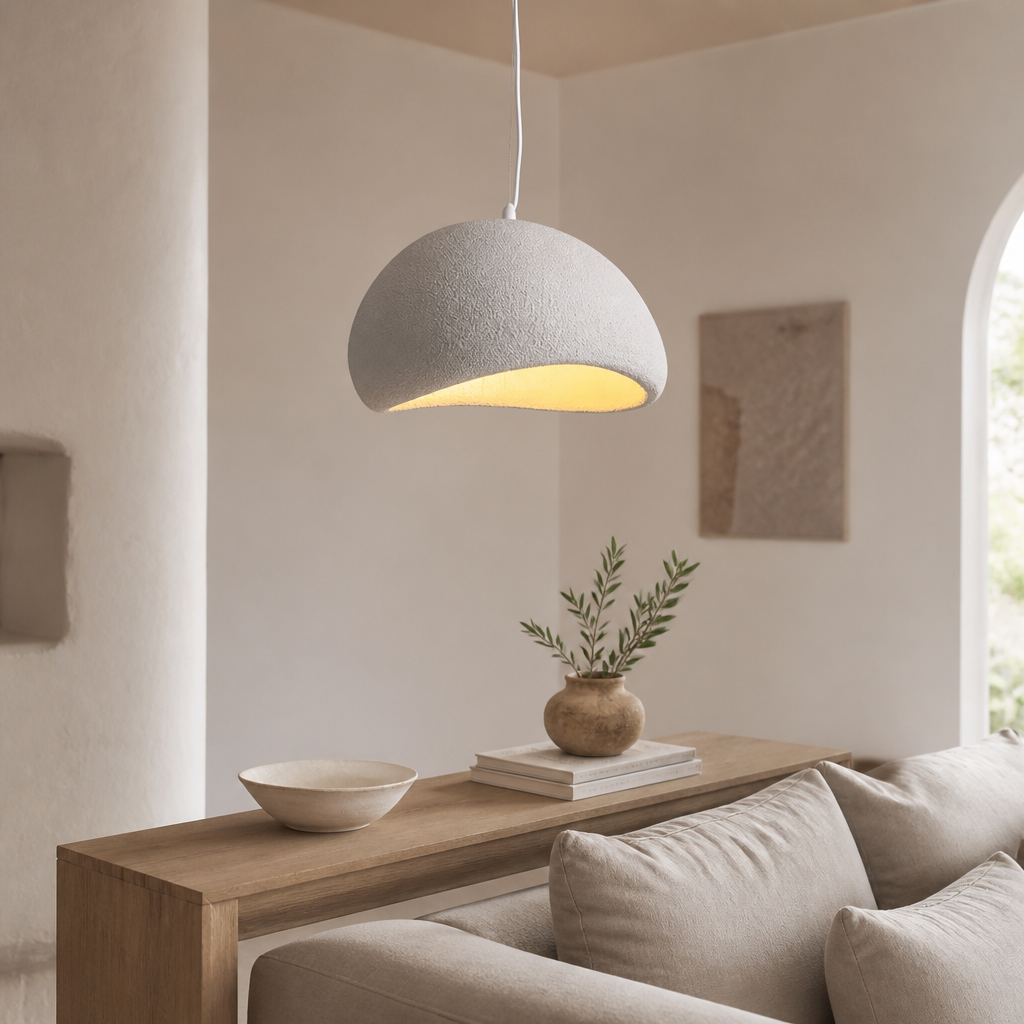Nordic Wabi-Sabi Chandelier - Stone and Wood Shade from 30cm to 60cm in White or Grey with Warm or Tricolour Light for Dining and Entryway