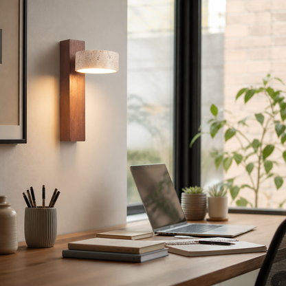 Japanese Wabi-Sabi Wall Lamp - Travertine and Wood Sconce in Walnut or Log Finish with 3000K, 4000K or 6000K LED and Pull Switch