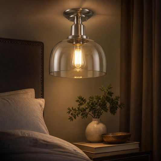 Clear Glass Shade Semi Flush Mount Ceiling Light - Brushed Nickel Fixing with Bulb Included for Corridor, Kitchen and Bedroom Ceilings