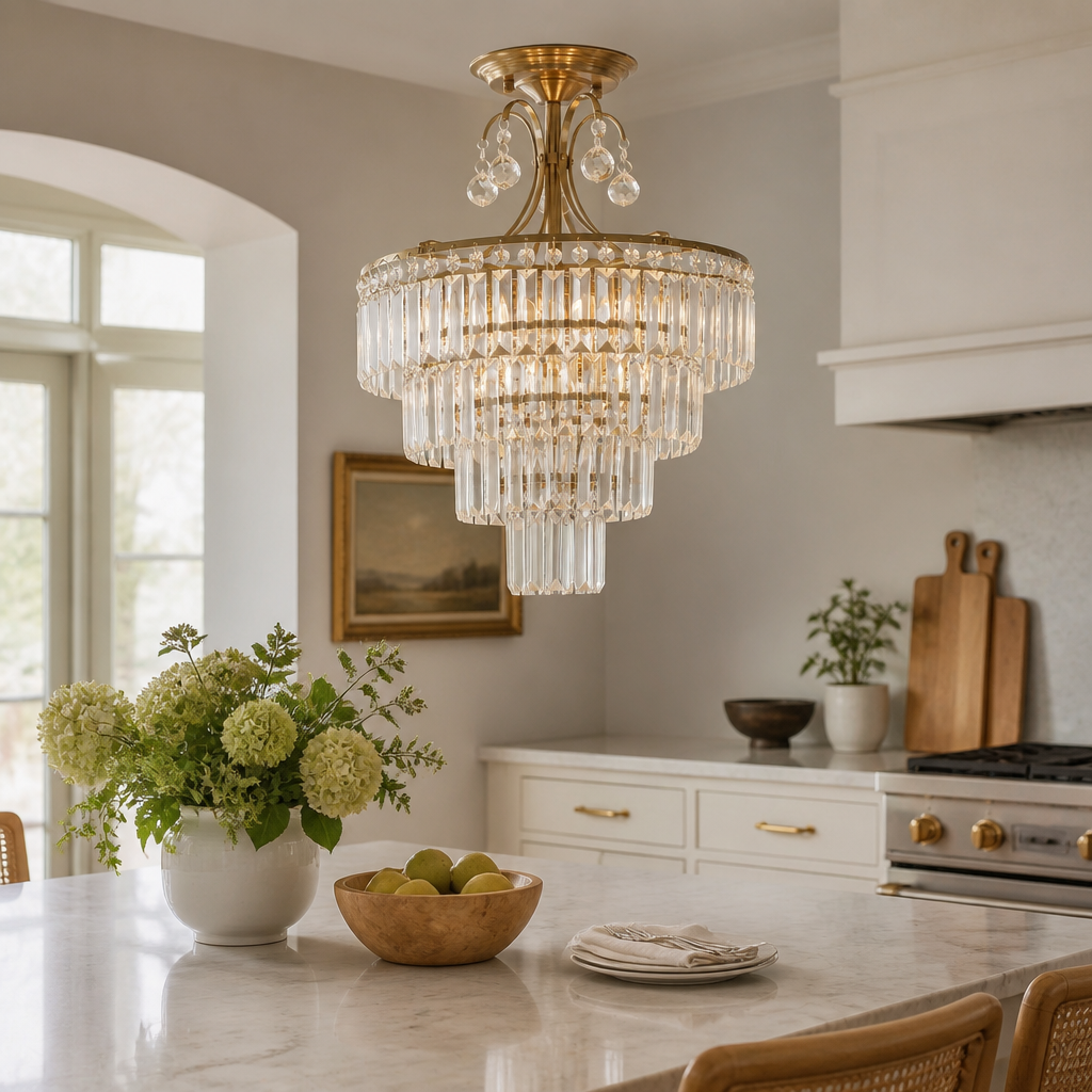 Luxury Gold Crystal Round Semi Flush Ceiling Light - Cut Drops on a Polished Iron Frame with 4 Dimmable E14 Lamps for Bedroom and Hallway