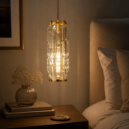 Modern Crystal Pendant Light - Faceted Hanging Lamp in Plated Gold, Silver or Black on Adjustable Cord for Dining Table, Bar and Bedside