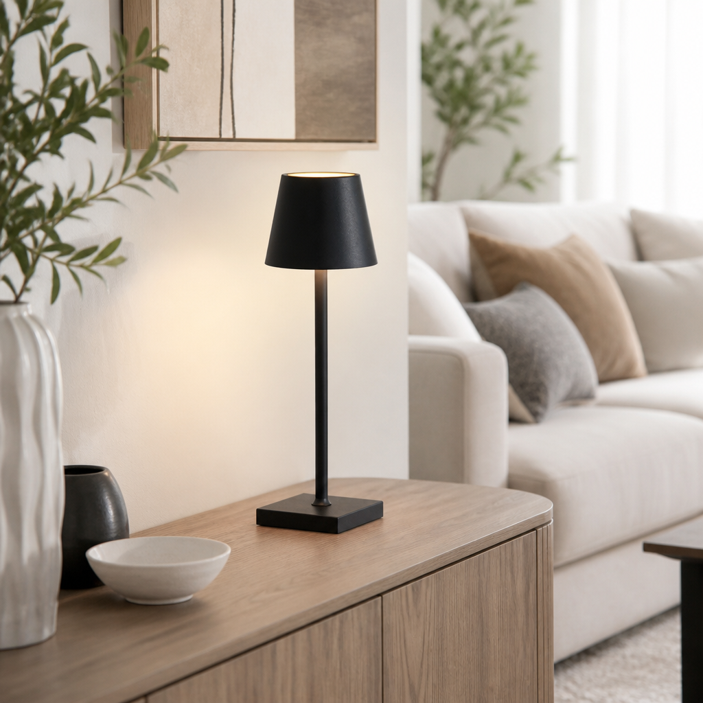 Rechargeable Touch Sensor LED Bedside Table Lamp - Cordless Round ABS Light in Bronze, Black, Gold or White with Stepped Dimming for Patios
