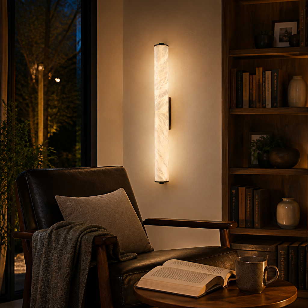 Marble and Copper Wall Lamp - 25 to 60cm Sconce in Black or Gold with Warm or Natural White LED for Hallway, Bedhead and Staircase