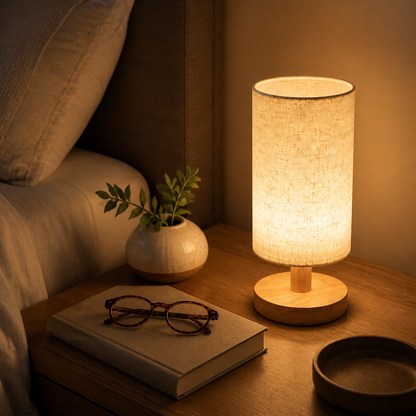 Wooden Bedside Lamp with Linen Shade - Cylindrical Diffused USB LED Light on a Solid Timber Base for Bedroom, Home Office and Living Room