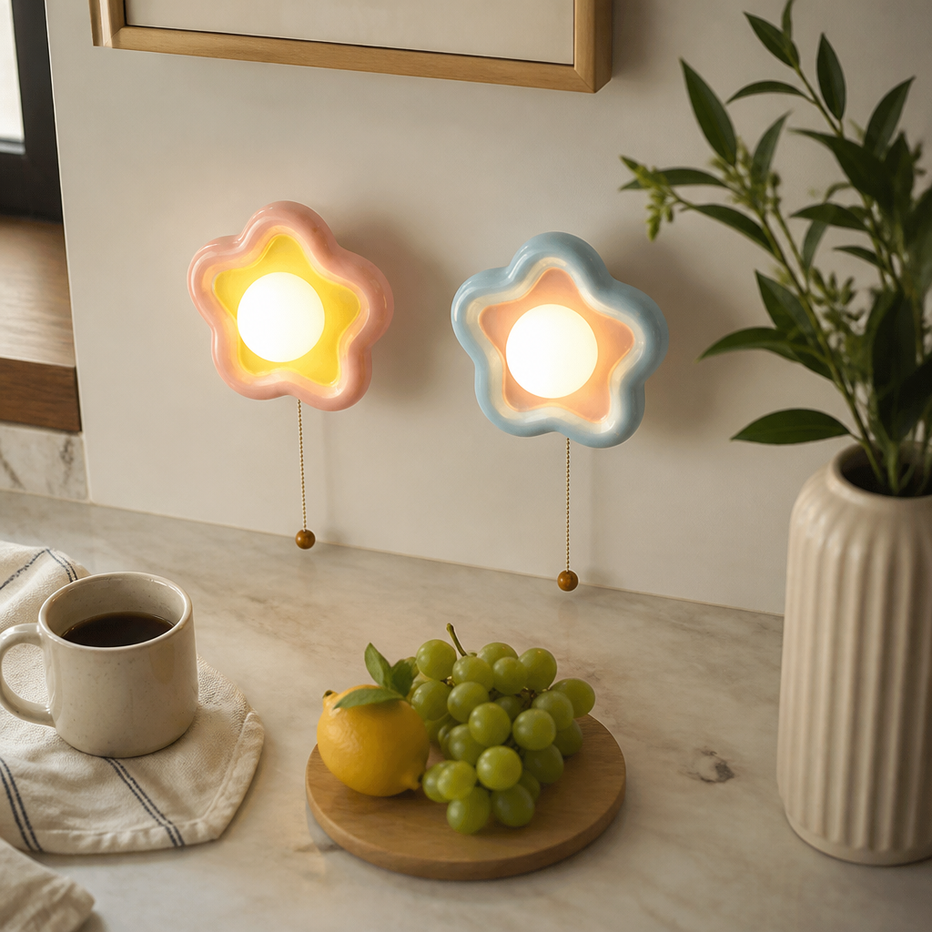 Petal Ceramic Wall Light - Blue or Pink Sconce with Warm or White LED and Three Colour Temperature Option for Hallway and Stairway