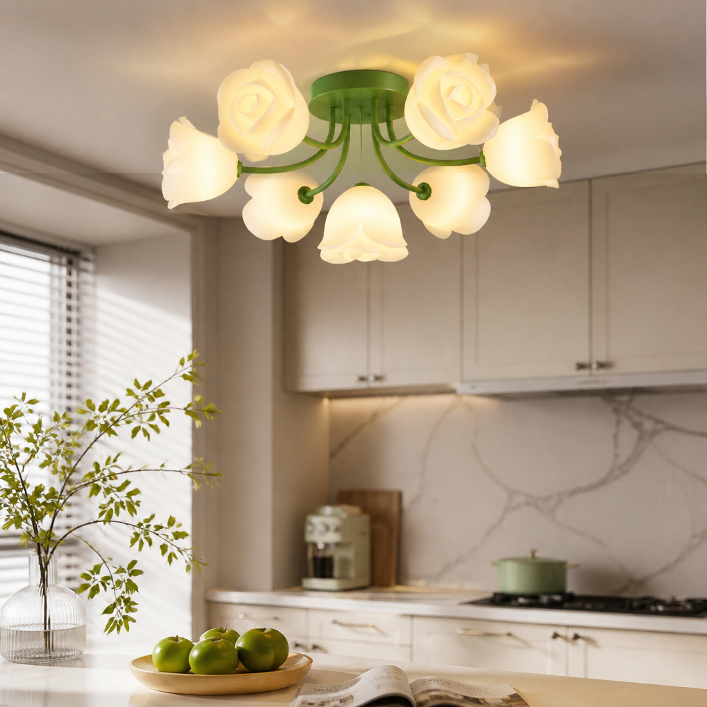 French Glass Flower LED Ceiling Lamp - Hot Bent Floral Shades on Brushed Nickel Frame in 1, 7, 11 or 13 Light Sizes for Living Rooms
