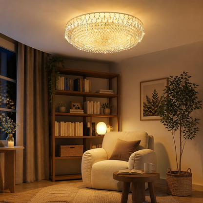 Gold Crystal Flush Mount Ceiling Chandelier - Plated Iron Frame with Individually Hung Drops in 4, 6 or 8 Head Sizes from 40 to 60cm