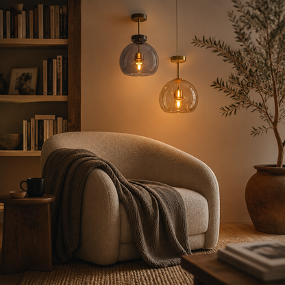 Modern Cognac Glass Ceiling Lamp - Hot Bent Amber Tinted Shade on Black Metal Frame with E27 Fitting for Dining Room and Hallway
